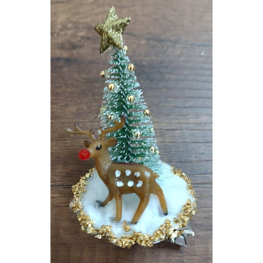 Vtg Rudolph Clip On Christmas Ornament Reindeer Tart Tin Tree Glitter Snow O1